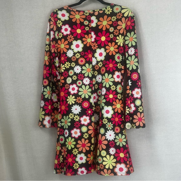 For Grand PL Black Red Floral Long sleeve V Neck Dress Slinky Hippie Boho Medium - Picture 6 of 10